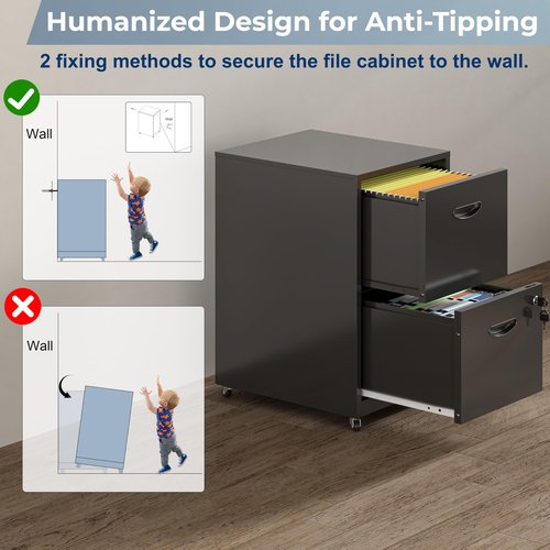 UNICOLY 2 Drawer File Cabinet, File cabinets for Home Office, Metal Filing Cabinet with Wheels, Filing Cabinets with Lock, Printer Stand, for A4, Letter Size Documents, Black
