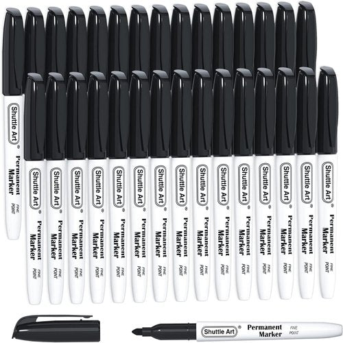 Shuttle Art Permanent Markers - 30 Pack Fine Point Black Markers for Plastic, Wood, Metal & Glass