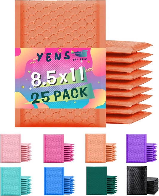 Yens Poly Bubble Mailers - 8.5x12 Orange Waterproof Self-Seal Shipping Bags | 25 Pack Padded Envelopes