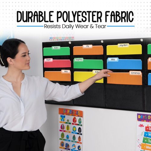 Essex Wares - 15 Pocket Horizontal File Hanging Paper Organizer for Letter Documents, Black, 68.4" Wide x 18.6" - Hanging Pocket File Organizer - Black Pocket Chart for Classroom & Office - 15 Pockets