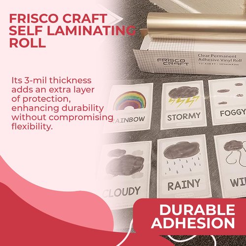 Frisco Craft Transparent Self Adhesive Laminating Roll - Self Laminating Sheets for Decals, Sticker, Photos & More - No Heat Sealing, Glossy, Clear Sheets (12" x 30 ft)