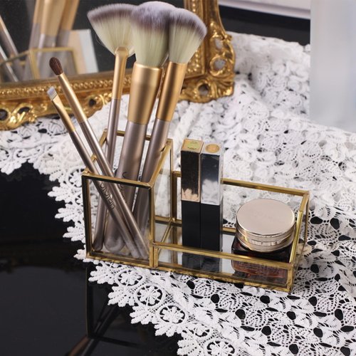Feyarl Gold Glass Business Card Holder Pen Pencil Holder Desktop Business Name Card Office Accessory Display Stand Organizer Case for Office Desktop Meeting Countertop