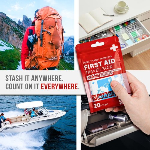 EVERLIT CARE Travel Bandage Pack - 12 Individual Packets in Compact Water-Resistant Pouch | On-the-Go First Aid Essentials