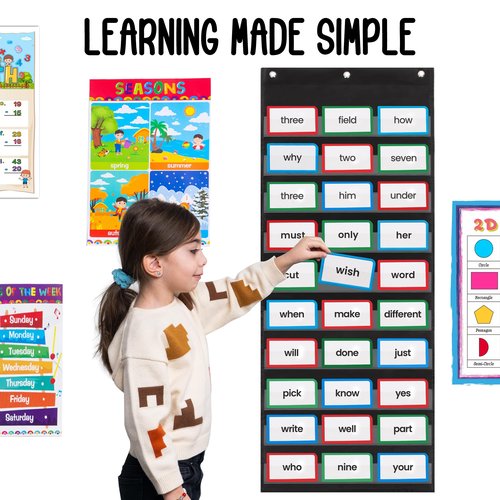 Essex Wares - 17" Wide x 44" Tall Pocket Chart, Black - Sturdy Pocket Chart for Classroom for Sentence Strips - Easy to Use & Hang, Reusable Black Pocket Chart