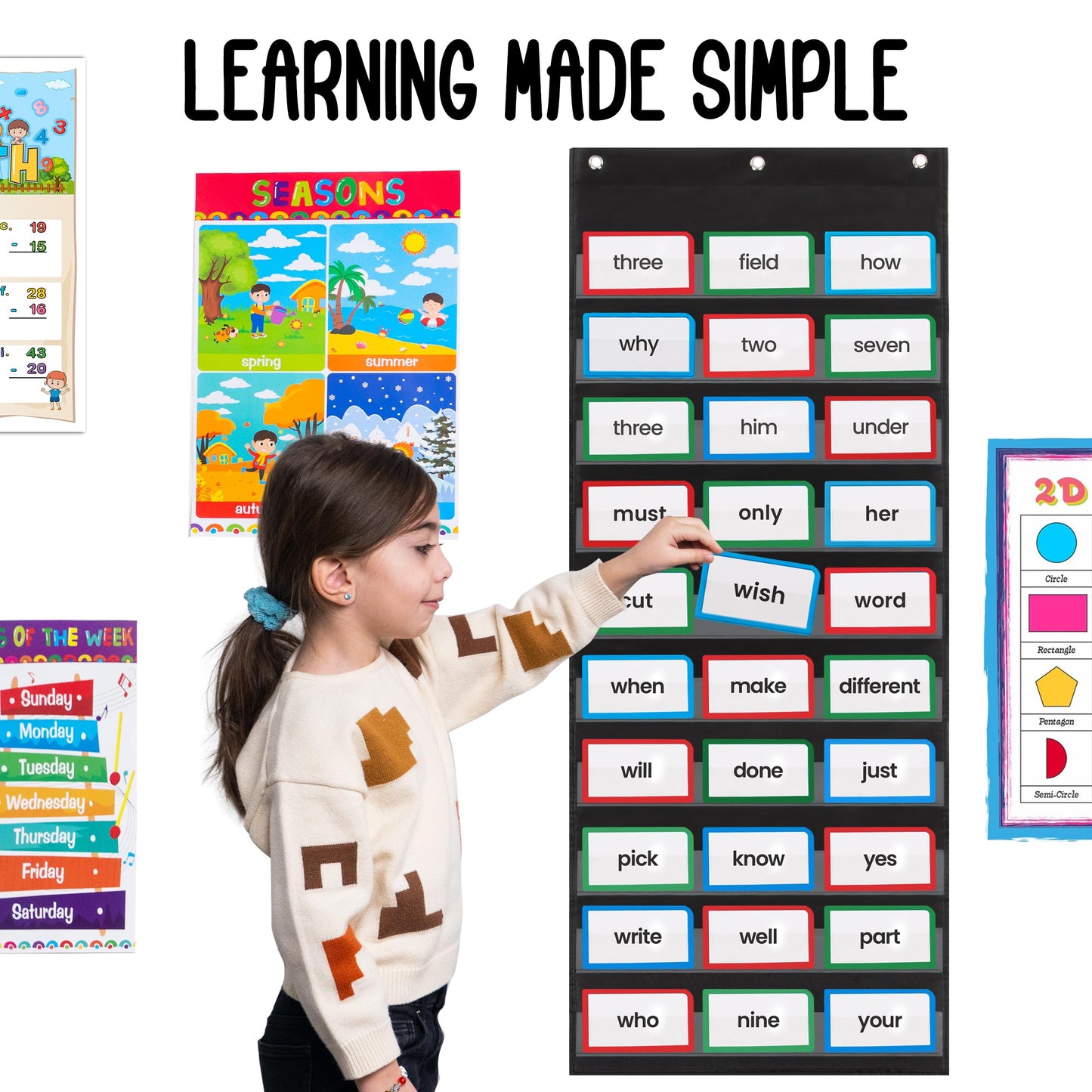 Essex Wares - 17" Wide x 44" Tall Pocket Chart, Black - Sturdy Pocket Chart for Classroom for Sentence Strips - Easy to Use & Hang, Reusable Black Pocket Chart