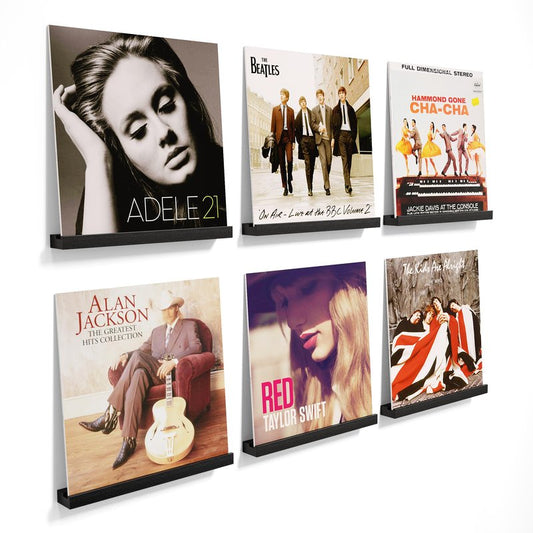 Emfogo Vinyl Record Shelf Wall Mount, 6 Pack Album Record Holder Wall, 12 inch Vinyl Record Storage Shelves Wall, Wood Record Display for Living Room(Black)