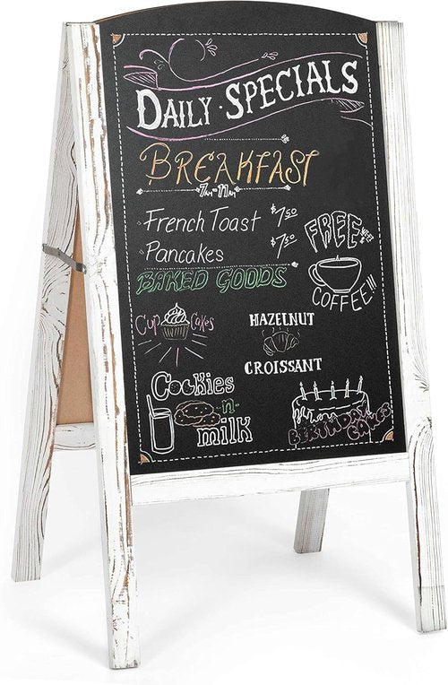 Ilyapa A-Frame Chalkboard Sidewalk Sign - Rounded Top Folding Standing Sandwich Sign for Restaurant, Office, Weddings - Rustic White, 18 x 31.5