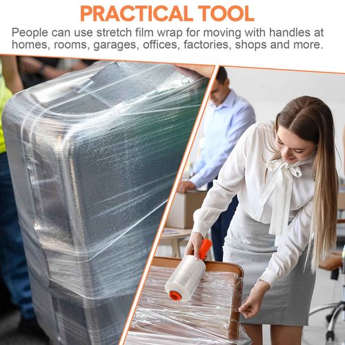 Jutom 8 Pcs Clear Stretch Wrap Roll Plastic Wrap for Moving with 2 Handles 5" x 1000 ft Cling Packaging Shrink Film Self Adhering Shipping Supply for Moving Bounding Storing Pallet Furniture (Orange)