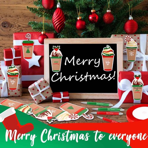 Zhanmai 96 Pcs Christmas Sticky Notes with Ballpoint Pens and Ribbons Christmas Themed Gifts Cute Coffee Cup Die Cut Memo Note Pad Red Green Ballpoint Pen for School Office Home Present