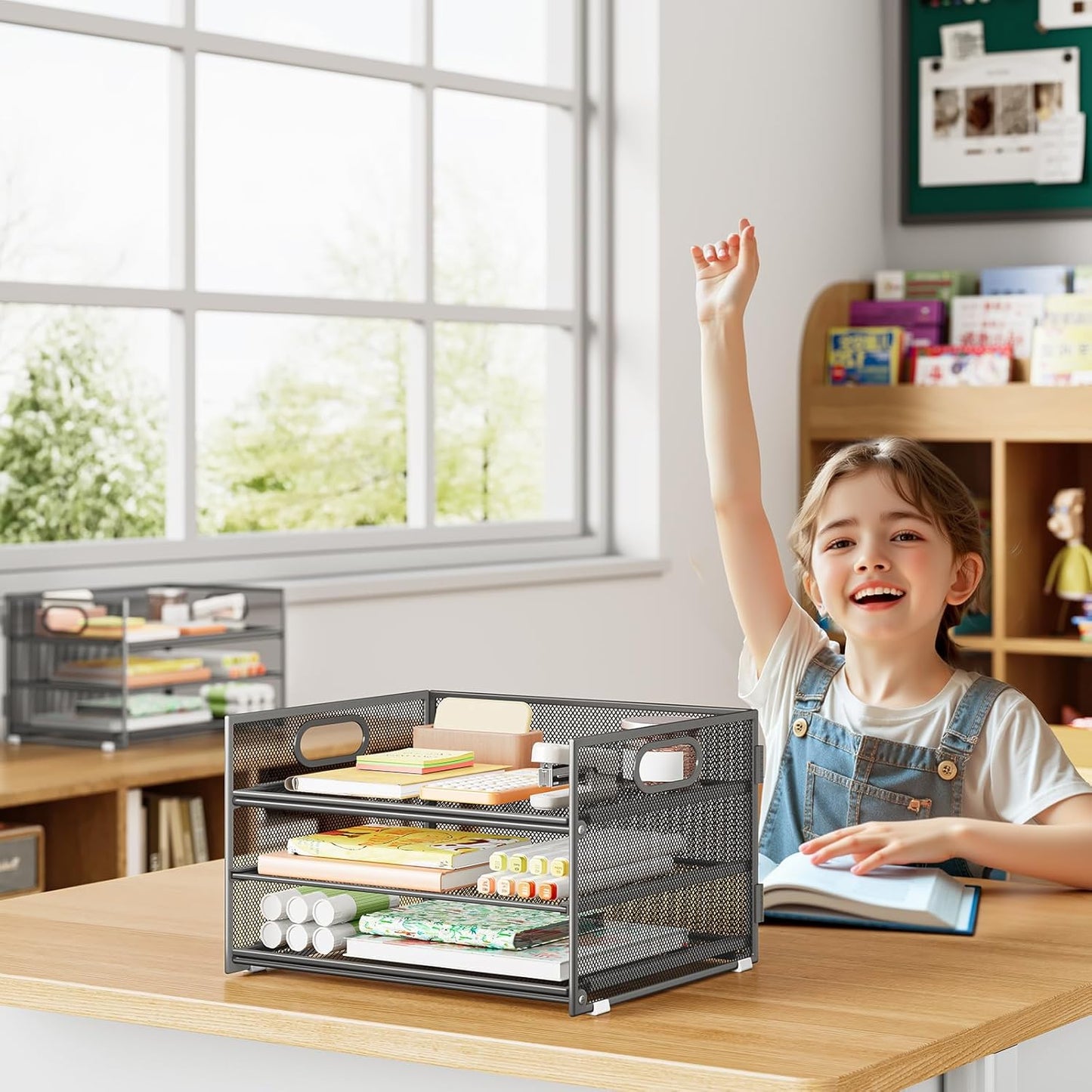 Subekyu 3-Tier Gray Metal Mesh Desk Organizer - 2-Pack File Sorter with Handle & Sliding Tray for A4 Paper