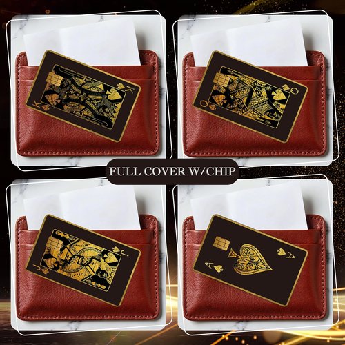 Aposwow Credit Card Skin Stickers - 4 Pcs Playing Cards Debit Card Skin Stickers, Black Gold Poker A K Q J Theme Removable Waterproof Decal Cover Set for DIY Key, Transportation Cards