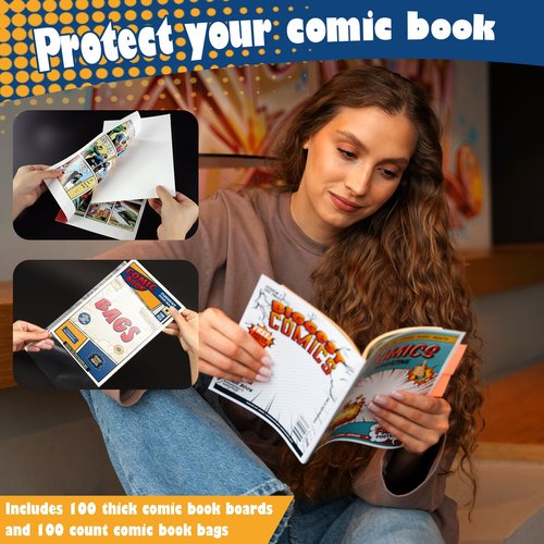 Leffis Comic Book Storage Box and 100 Count Comic Book Current Size Bags and Boards, Acid-Free Comic Backing Boards and Bags, Collapsible Comic Book Case with Carrying Handles