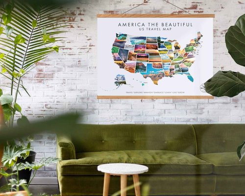 Epic Adventure Maps - USA State Travel Map Poster - Includes Push Pins + Magnetic Frame - White / 24 x 17 Inches