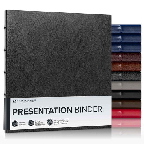 Gallery Leather 3 Ring Binder with Plastic Sleeves, Includes 10 Sheets, Sheet Size: 8.5" x 11" - Presentation Binder Rings with Hubbed Spine, Thick: 0.75" Belfast Black