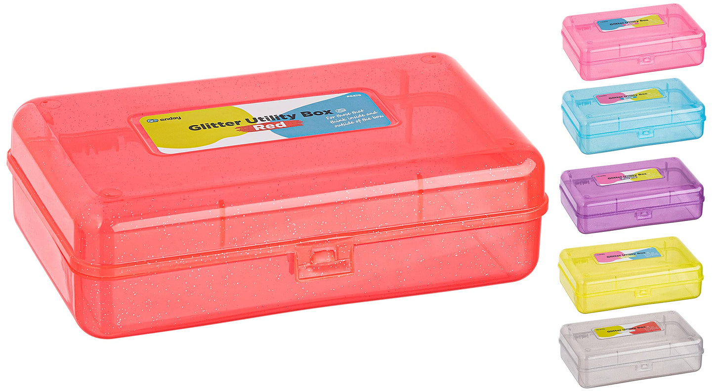Enday Plastic Pencil Box with Snap Closure Lids Red, Small Utility Storage Crayon School and Office Supplies Case Organizer, Also Available in Glitter Pink, Purple, Blue, Green and Grey, 1 Pc