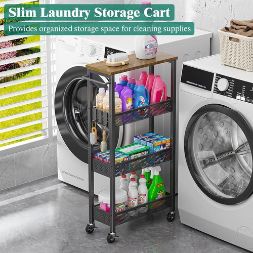 Giwil Slim Rolling Storage Cart - 4-Tier Bathroom Organizer with Wood Top & Handle | Black