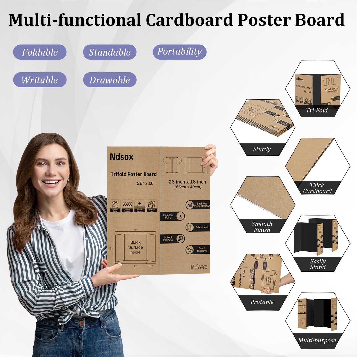 Ndsox 6 Pack 26" x 16" Black Trifold Poster Board Medium Size Corrugated Cardboard Science Fair Display Boards for School Projects, Business Presentations, Event Displays, and Art Exhibitions