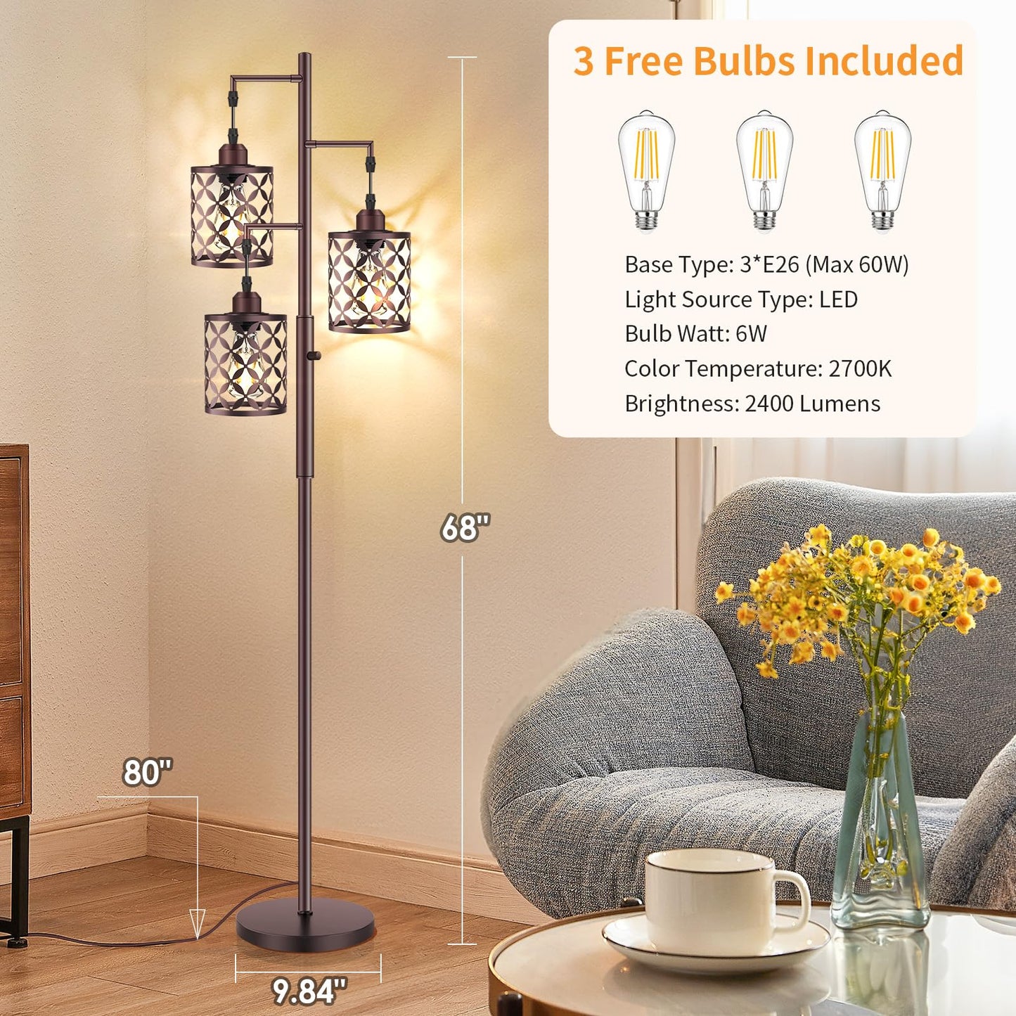 GHOOCEMLUX Dimmable Floor Lamp, Farmhouse Standing Lamp with Elegant Metal Cage, Industrial Tall Tree Floor Lamps for Living Room Bedroom Study Room Office, 3 x 800LM LED Bulbs Included - 68", Brown