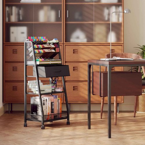 Homsorout 3 Tier Rolling Cart - Metal Utility Cart with Storage Drawer and Wheels, Versatile Art & Craft Organizer for Home, Office, or Studio - Ideal for Storing Brushes, Paints, and Supplies（Black）