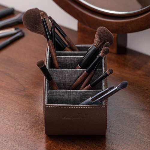 Wide Remote Control Holder , PU Leather Organizer Box with 5 Compartments for Table Office ,Remote Caddy Desktop Storage with Phone Holder, Home Accessories for Controllers , Media Player (Brown2)