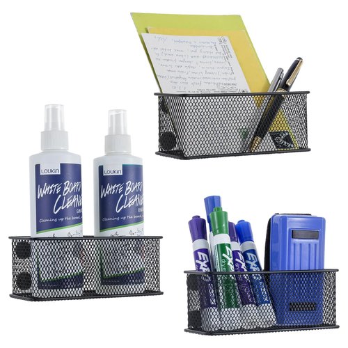 MyGift 3 Pack Black Metal Wire Mesh Magnetic Marker Holder for Whiteboard, Office Desktop Supply Organizer Basket for Pens, Pencils and Accessories