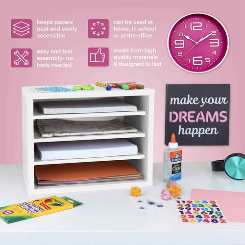 AdirOffice Shelf Desk Organizer, Wood 4-Tiered Stackable Shelves File Mail Organizer Paper Storage, Letter, Document Folder Holder for Office, Home, Classroom and More (White)