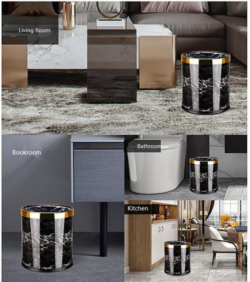 Luxury Metal Waste Bin with Leather Cover,Open Top Office Wastebasket,Double Layer Trash Can,Round Shaped (Black Marble w/ Gold Ring)