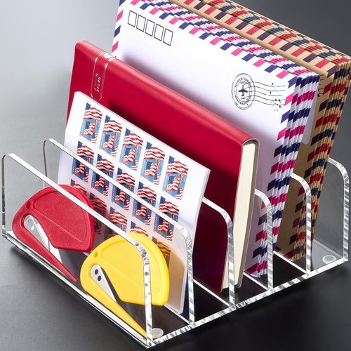 BEYGORM Acrylic Mail Holder, Clear Desk Organizer with Divider, Vertical Letter Sorter for Desktop, 5 Compartments Modern Office Home Envelope Organizer for Bill, Document, Notebook