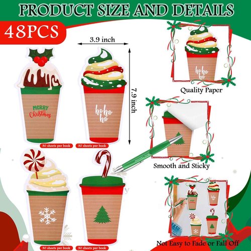 Zhanmai 96 Pcs Christmas Sticky Notes with Ballpoint Pens and Ribbons Christmas Themed Gifts Cute Coffee Cup Die Cut Memo Note Pad Red Green Ballpoint Pen for School Office Home Present