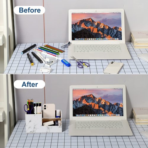 GORESE Office Desk Organizer, Pen Holder for Desk Cute, Leather Desktop Organizers with Remote Control Holder for Office Accessories Desk Supplies Organization Caddy Storage Box White Marble