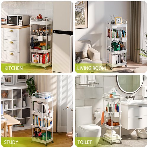 Sorgion 4 Tier Rolling Cart Organizer,Art Craft Diaper Bedside Snack Laundry Room Bathroom Organizer Narrow Thin Slim Rolling Trolley Utility Cart with Wheels for Kitchen,Office(White)