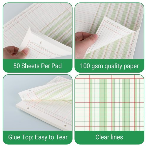 suituts 300 Sheets Columnar Analysis Pads 4 Column Accounting Paper, 8.5X11 Inch Ledger Paper for Bookkeeping, Accounting. 3 Hole Punch, Green(6 Pack, 50 Sheets/Pack)