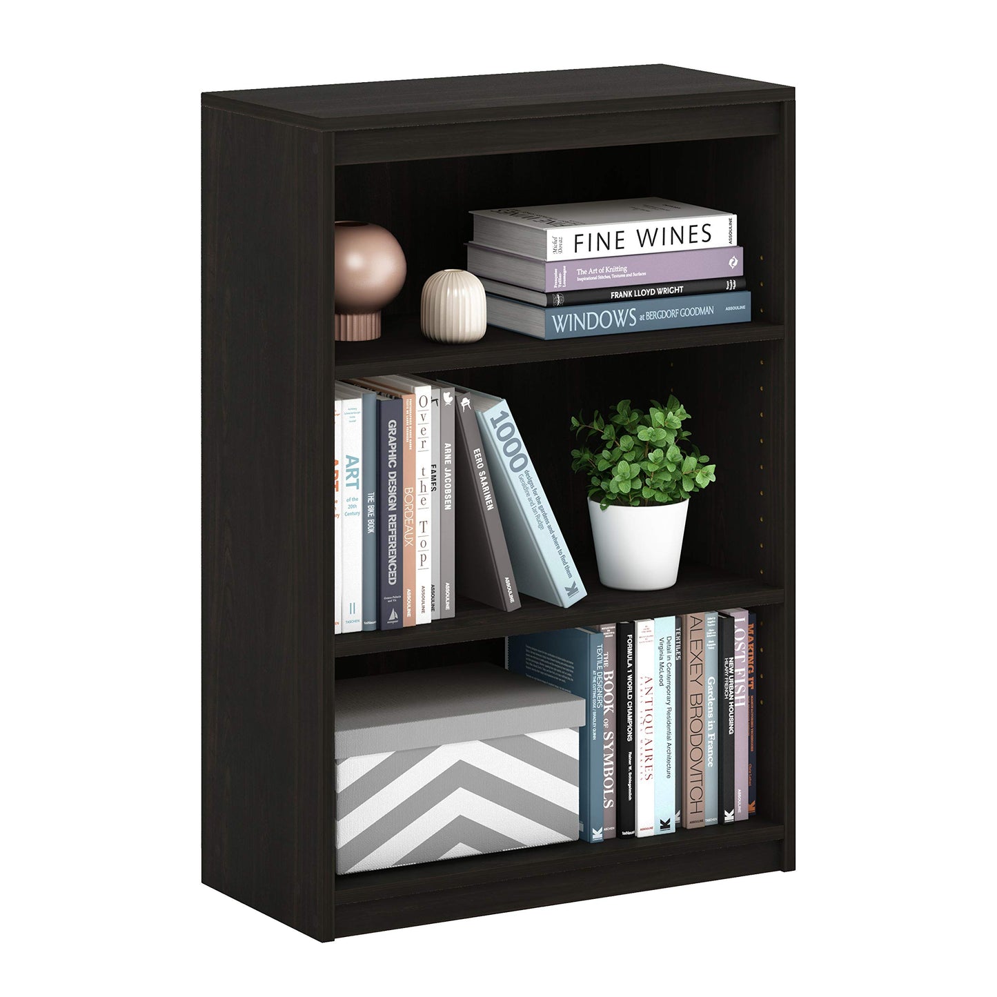 Furinno Gruen Book Shelf, 3-Tier Book Shelf, Bookcase with Adjustable Shelves, 11.7 x 24.5 x 35.9, for Organization and Storage, for Living Room, Bedroom, Home Office, Espresso