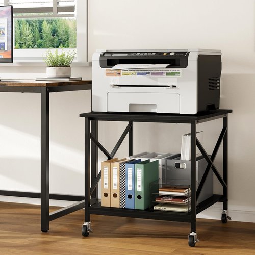 Warmiehomy 24"x24"x24" Large Printer Stand with Storage, 2 Tier Rolling Printer Cart Table, Mini Fridge Stand with Wheels, Use for 3D Laser Printer Home Office, Black