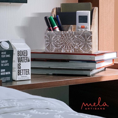Mela Artisans Natural Wood Letter Holder for Desk w/Rustic Touch - Hand-Craved Wooden Desk Organizer - Multi-Purpose Wood Desk Organizer - Portable Shelf for Desk - 7.2” x 5.1” x 7.3”