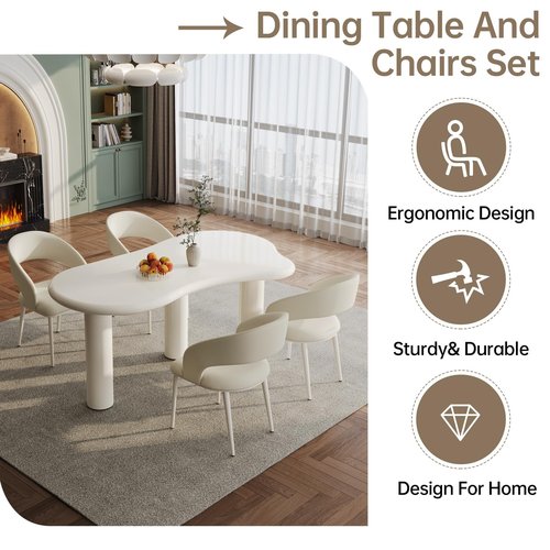 Guyii 62.8" Dining Table Set for 4 Cloud Dining Table with 4 Chairs Irregular Kichen&Dining Table Set for 4 Kichen Table Set for 4 Cream White for Dining Room Kichen Room Restaurant