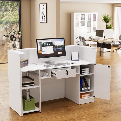 PAKASEPT Modern Reception Desk with LED Lights, 63 Inches Front Counter Table with Lockable Drawer & Shelves, Checkout Counter for Reception Room, Lobby, Beauty Salon, Retail,Office