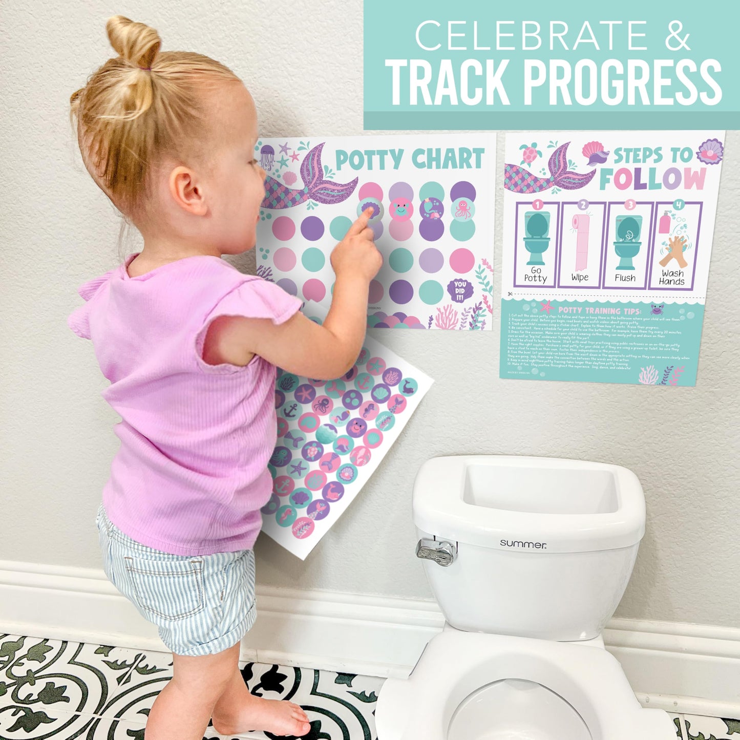 Hadley Designs Potty Training Chart for Toddlers Girls -10 Sticker Potty Chart for Toddlers Girls, 8.5x11" Potty Training Sticker Charts for Toilet Success, Mermaid Toddler Reward Chart for Kids
