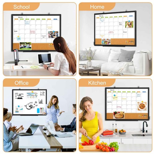 Dry Erase Calendar Whiteboard for Wall, WALGLASS 36" x 24" Double-Sided Monthly Calendar White Board Cork Combo, Black Aluminum Frame Hanging Wall Mounted Bulletin Corkboards for Home, Office, School