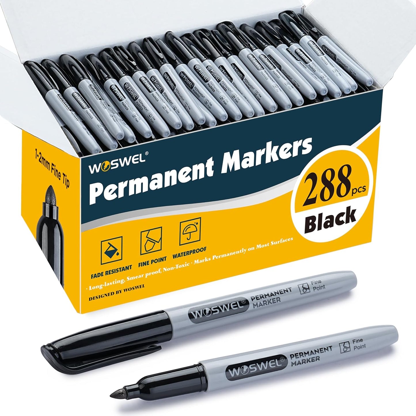 WOSWEL Permanent Markers - 288 Pack Fine Point Black Markers | Waterproof, Quick-Drying, Smear-Proof Office Supplies