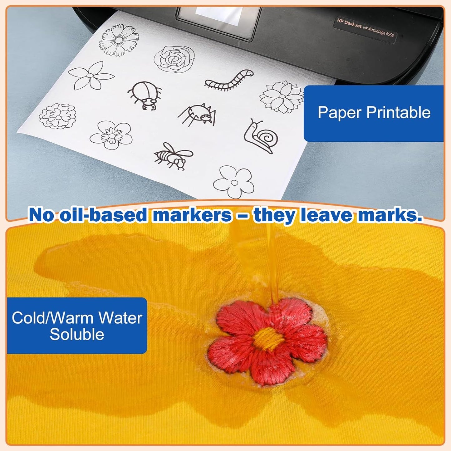 FURWEY 12PCS 8.5"x11" Wash Away Embroidery Stabilizer – Self Adhesive & Printable, Water Soluble Paper for Hand and Machine Use