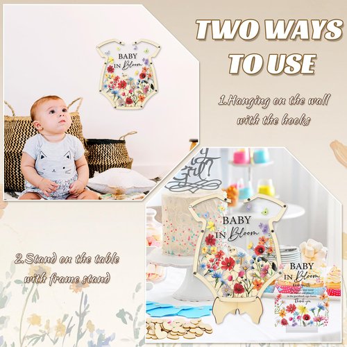 JarThenaAMCS 66Pcs Baby in Bloom Baby Shower Guest Book Alternative Set Acrylic Wildflower Guestbook with Wood Heart Slices Photo Frame Keepsake for 60 Guests