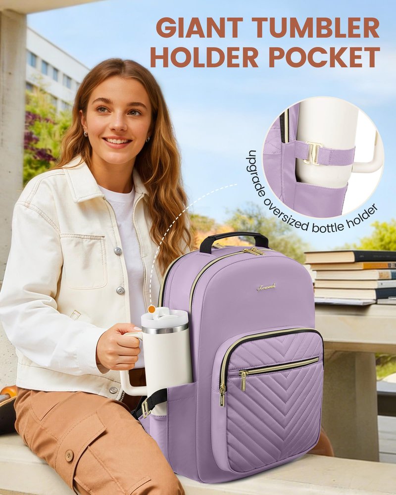 LOVEVOOK Laptop Backpack for Women with Giant Tumbler Holder 15.6 inch,Designer Travel Backpack Laptop Bag College Backpack,Quilted Work Nurse Teacher Backpack Purse Computer Bag Daypack,Taro Purple
