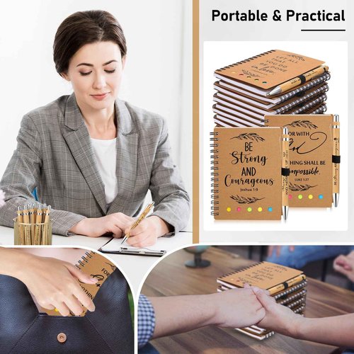 Spakon 50 Set Christian Gifts Bulk Church Gifts Religious Notebook Spiral Bible Verse Bamboo Pens Mini Bible Study Journal for Sunday School Employee Coworker Men Women (Brown)