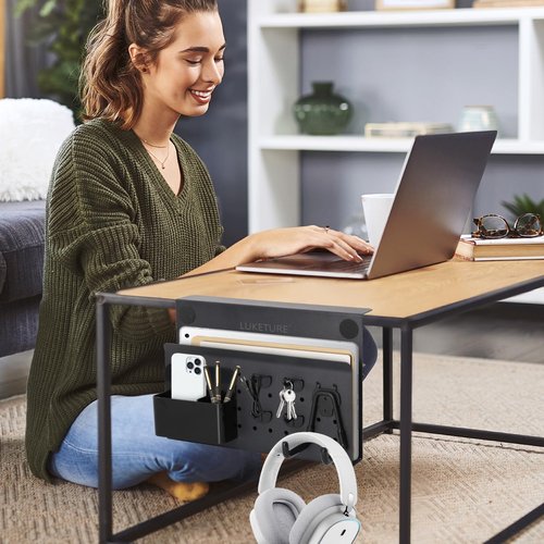 LUKETURE Desk Side Storage, No Drill Laptop Side Desk Mount, Steel Hanging Organizer, with Pegboard Accessories, Clamp on Laptop Holder for Office and Home, Fits Flat Edge Tables 0.3" to 2.8"