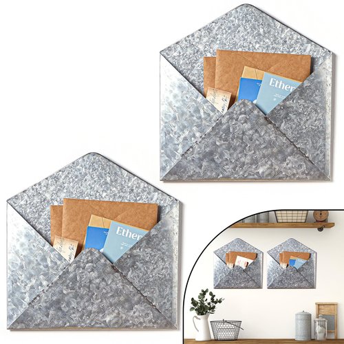 Yaocom 2 Pcs Galvanized Metal Envelope, Wall Mount Galvanized Mail Organizer Rustic Wall Holder Farmhouse Pocket for Storage Mail Postcards Letters Bills Home and Office Decor