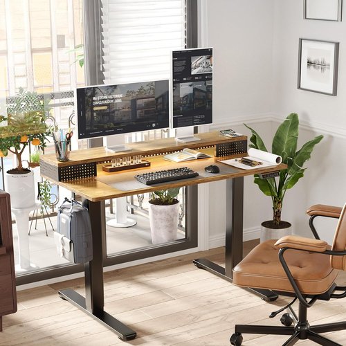 Claiks Electric Standing Desk - 55 Inch Height Adjustable with LED Lights & Monitor Stand | Black Frame/Rustic Brown Top