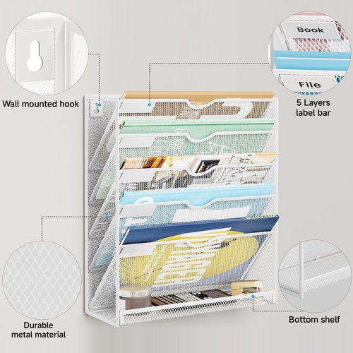 Lavatino 6-Tier Hanging File Organizer, Wall Mount File Holder for Mails Folders Papers Magazine Organization, Vertical Document Organizer for Office Home - (White)