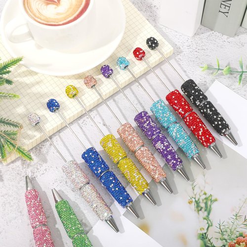 Liplustoyi 10Pcs Glitter Beadable Pen Full Rhinestone Fancy Pens for Beads Cute Journalling Diamond Pens for Women Fun Bling Ballpoint Pens Tween Girls Gifts Trendy Stuff (Multicolor)