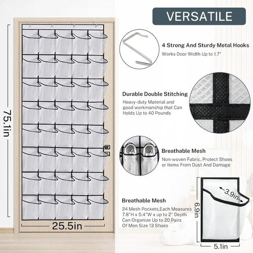 Hualleko Large Mesh Pocket Over-The-Door Shoe Organizer - Sturdy Storage for 20 Pairs (White)